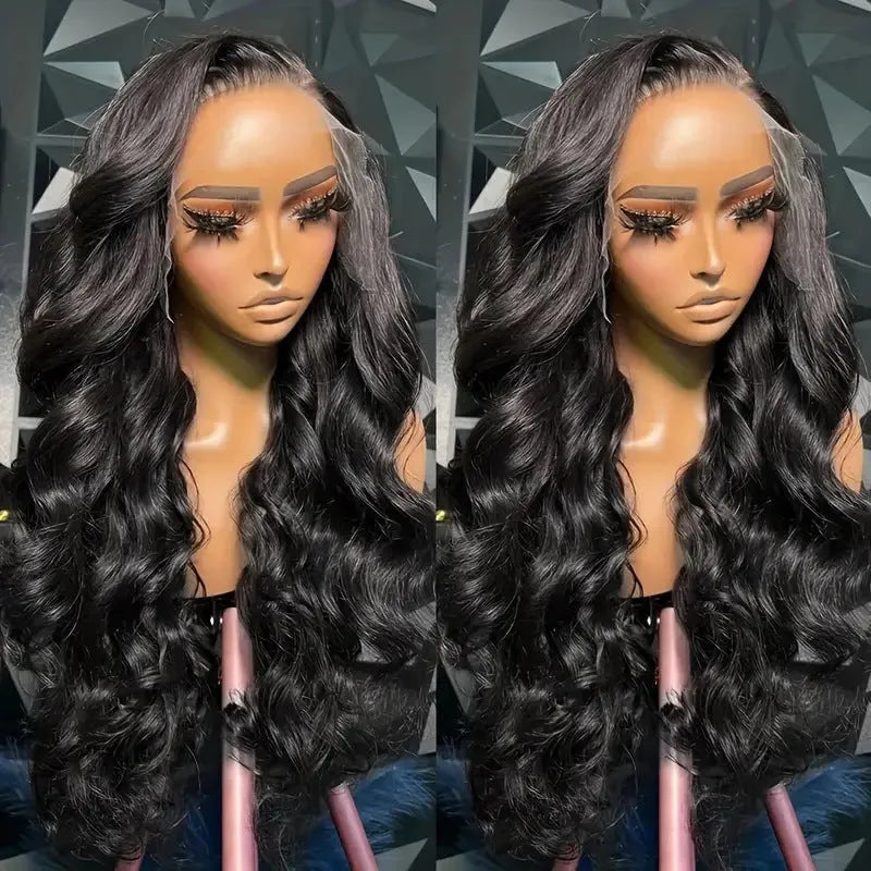 Black medium-long curly synthetic wig with 22-inch length and natural wave pattern on display stand