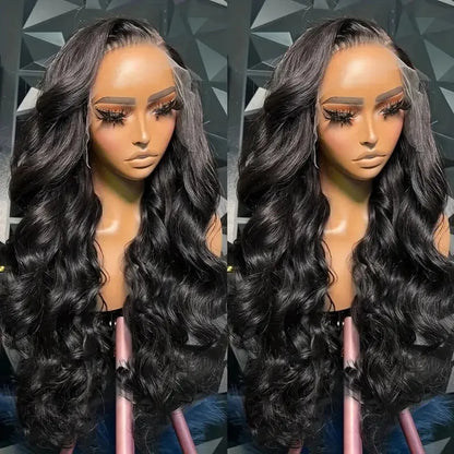Black medium-long curly synthetic wig with 22-inch length and natural wave pattern on display stand