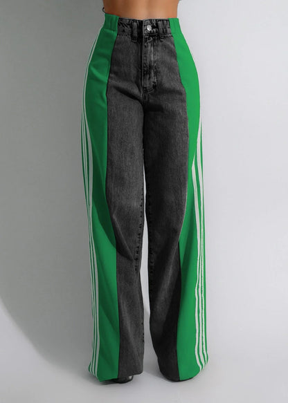 Stylish high-waist denim trousers with patchwork design, available in various color options