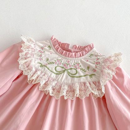 Pink cotton girls dress with lace stand collar and flower embroidery, long sleeves, princess silhouette