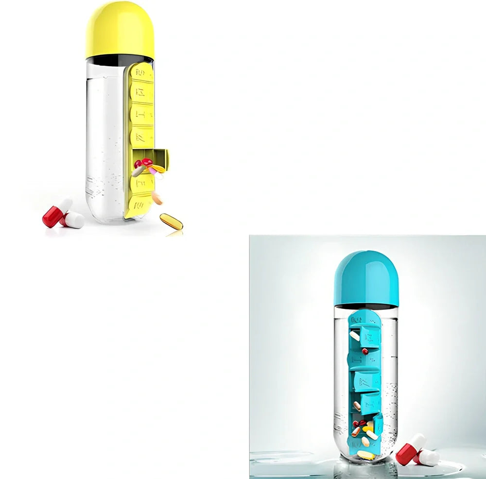 Two-in-one water cup with attached 7-day pill organiser showing daily compartments and screw-top lid