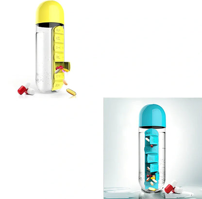 Two-in-one water cup with attached 7-day pill organiser showing daily compartments and screw-top lid