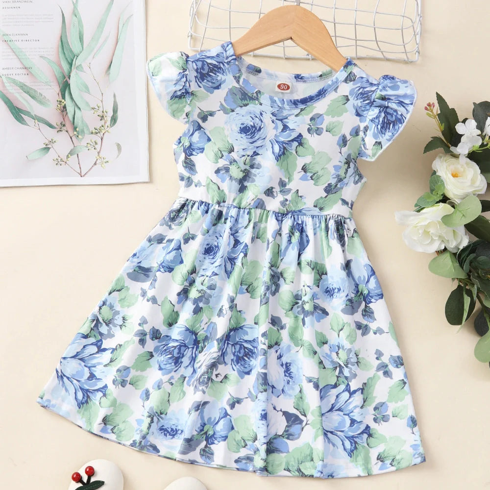 Girl's flounced sleeve dress with A-line skirt in polyester, available in multiple colours for ages 1-6 years