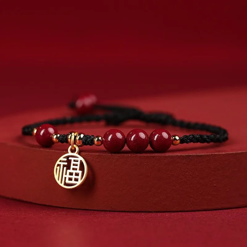 Cinnabar ethnic bracelet with braided rope strap and blessing charm for college entrance exams