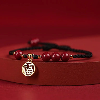 Cinnabar ethnic bracelet with braided rope strap and blessing charm for college entrance exams
