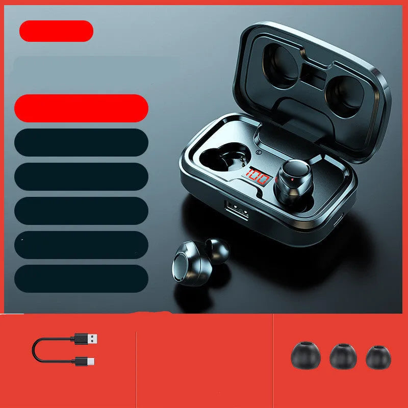 Wireless in-ear earphones with private mould design in black, blue, and red colour options showing Bluetooth connectivity