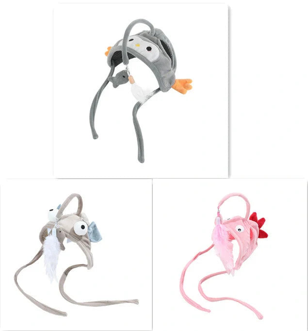 Adjustable head-wearing feather cat toy stick in various colors for indoor play