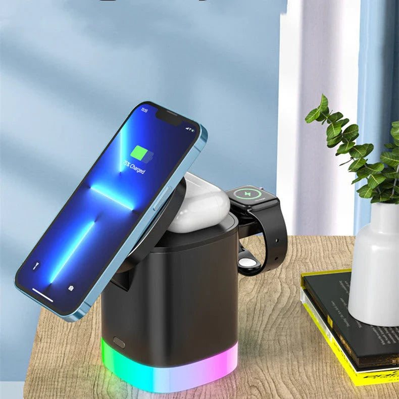 3-in-1 magnetic wireless charging station with RGB lighting for smartphones, smartwatches, and wireless earbuds