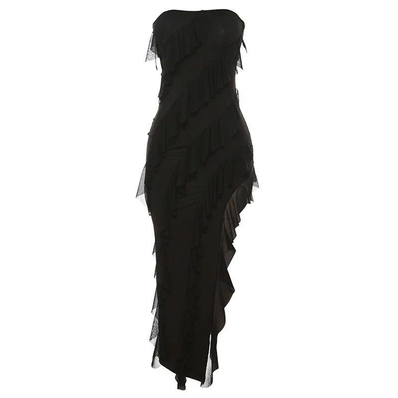 Backless cocktail dress with tassel and split details, available in various colors including black, wine red, red, and brown