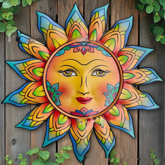 Iron sun face decorative wall hanging with circular design and raised pattern, approximately 30cm diameter