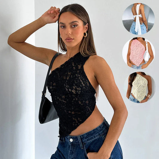 A stylish backless lace top in various colors with an asymmetrical sloped neckline and waistless design, perfect for summer streetwear fashion.