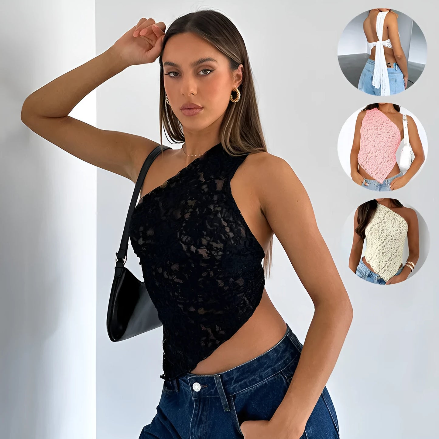 Women's apricot lace backless sleeveless top with asymmetrical neckline on a mannequin