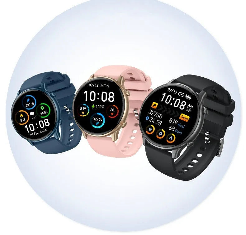 Round touch screen smart sports watch with silicone strap, showing heart rate and sleep monitoring display.