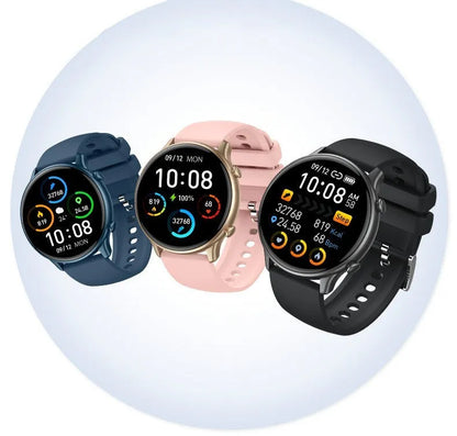 Round touch screen smart sports watch with silicone strap, showing heart rate and sleep monitoring display.