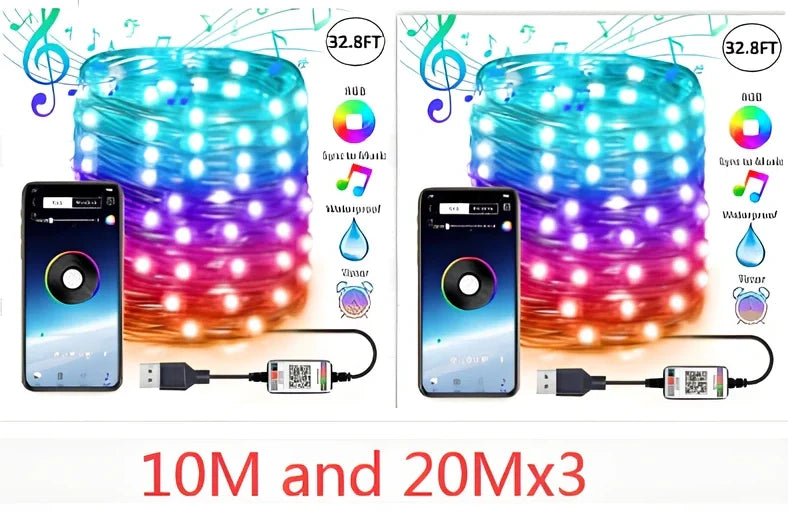 Programmable LED Christmas tree lights with app control showing custom colour animations on festive tree