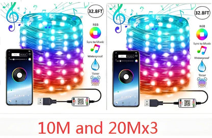 Programmable LED Christmas tree lights with app control showing custom colour animations on festive tree