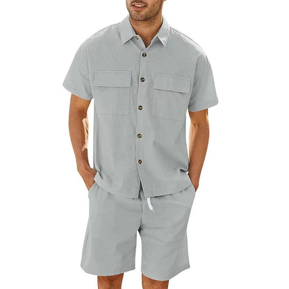 Men's summer suit set with short sleeve lapel shirt and drawstring shorts in various colors