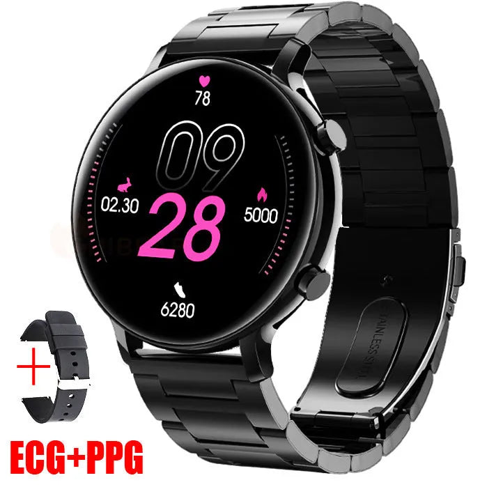 Bluetooth smartwatch with stainless steel strap showing heart rate monitoring display