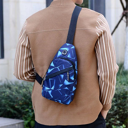 Men's sling chest bag in blue with earphone hole, crossbody strap, and zipper pockets, measuring 17cm wide.