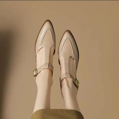 Women's closed toe pointed sandals with chunky heel, synthetic leather upper and rubber sole, in apricot or light brown