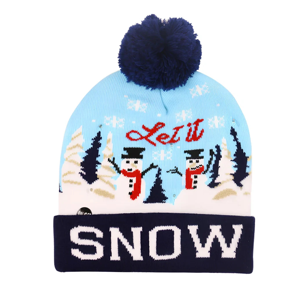Christmas LED knitted hat with built-in lights showing flexible sizing and integrated illumination system