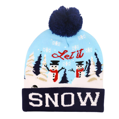 Christmas LED knitted hat with built-in lights showing flexible sizing and integrated illumination system