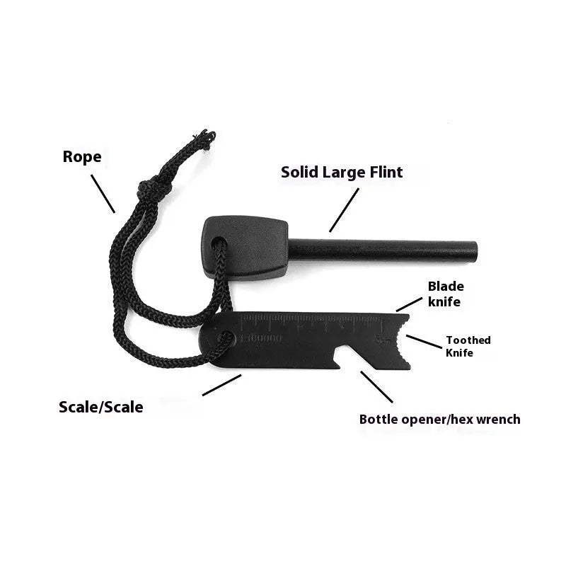 Black outdoor camping flint with magnesium alloy rod and stainless steel multifunctional scraper tool