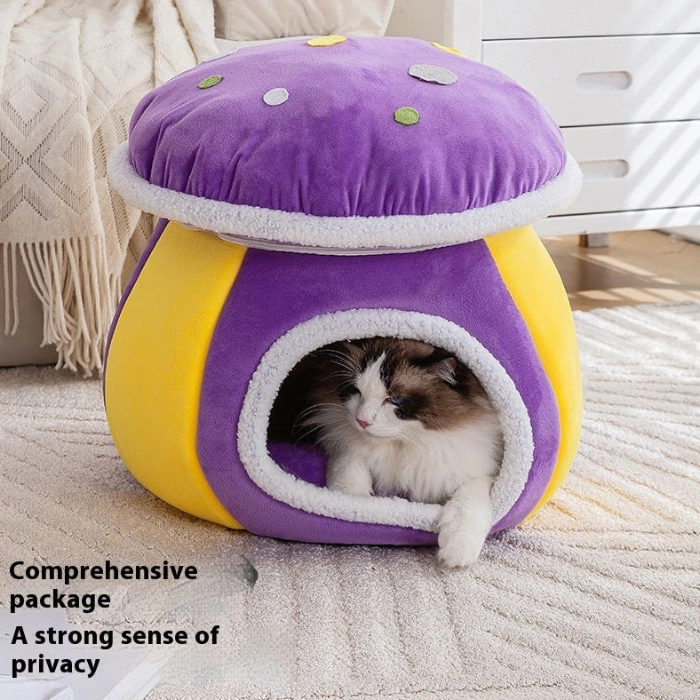 Grey mushroom-shaped cat bed with detachable thermal blanket showing 2.5cm thick plush interior