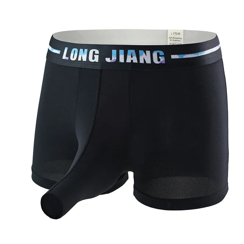 Men's grey blue ice silk trunk open boxers laid flat, showing mid-waist and knitted fabric texture.