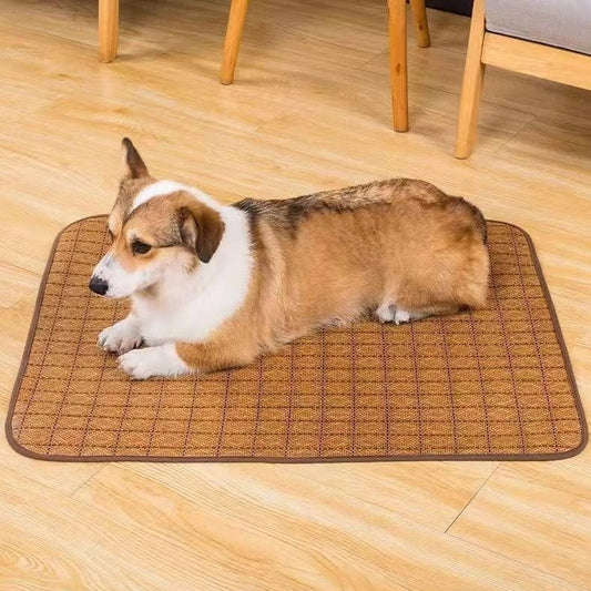 Brown rattan fibre dog cooling mat with open weave construction for summer use