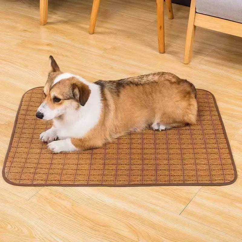 Brown rattan fibre cooling sleeping mat for dogs available in six sizes from small to extra-large