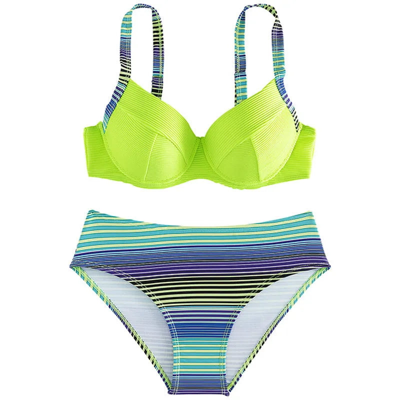 Women's halter bikini set with printed design, sexy split side bottoms, briefs style in green colour, sleeveless swimwear made from polyester fabric, available in S, M, L sizes for beach and pool use