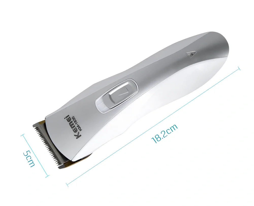 White KM-1830 electric hair clipper, 18.2 x 5 cm compact design, 3W power for home trimming