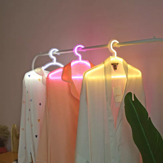 USB powered LED neon light clothes hanger with waterproof design in white, pink, and warm light options