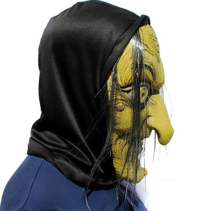 Latex Halloween witch mask with realistic facial wrinkles and textured surface, showing flexible fit and hand-painted colour accents