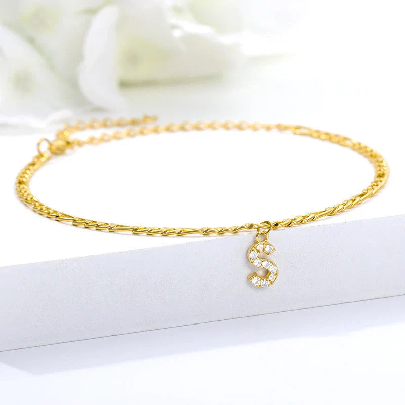 Personalized Stainless Steel Letter Anklet with Sparkling Zircon Accents