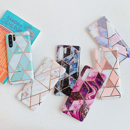 Electroplated marble mobile phone case in various colours for Huawei and Samsung models, showing slim TPU back cover design