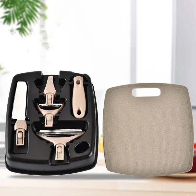 Three-piece kitchen cutter set with wheat straw chopping board, fruit knife, and peeler in green colour