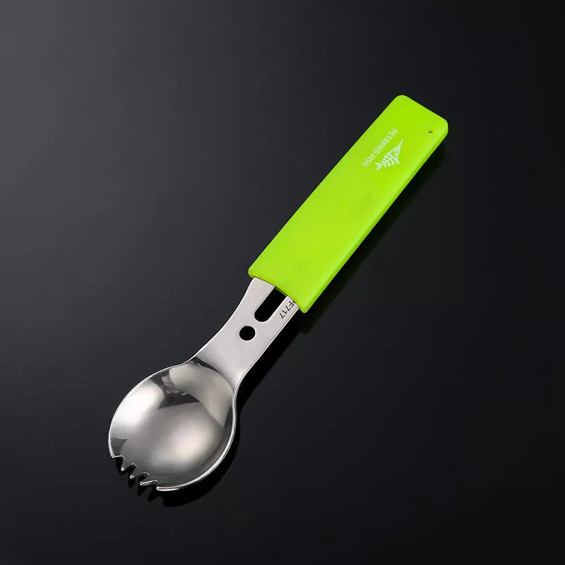 Stainless steel camping utensil set with spoon, fork, knife, and whistle for outdoor adventures