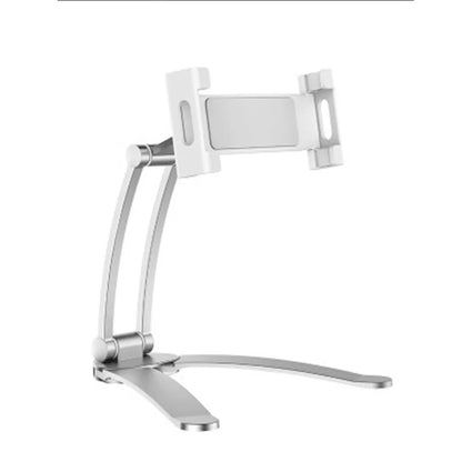 Aluminium alloy desktop tablet stand with adjustable clips on a 23.5cm base, holding a tablet at an angle