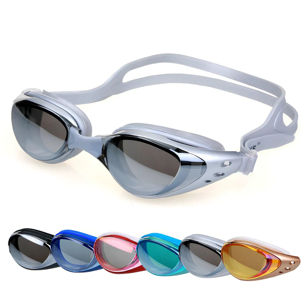 Anti-fog swimming goggles with UV-resistant mirror lenses and silicone straps in multiple colour options
