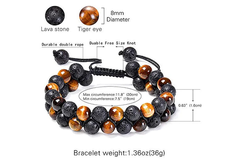 Tiger Eye and black agate geometric couple bracelets laid out as a matching set.