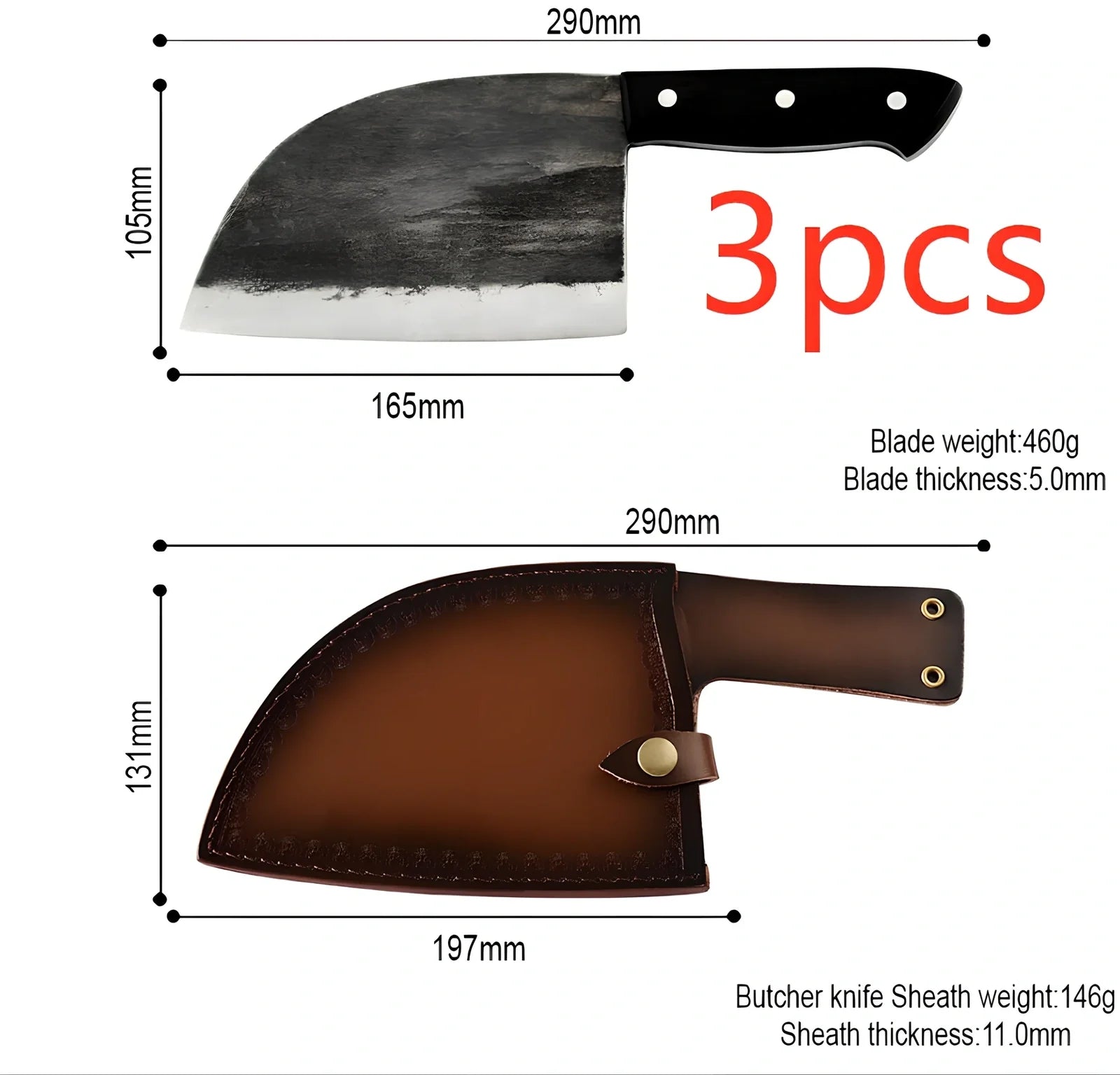 Hand-forged chopping knife with 17cm stainless steel blade and wooden handle