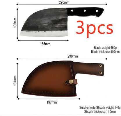 Hand-forged chopping knife with 17cm stainless steel blade and wooden handle