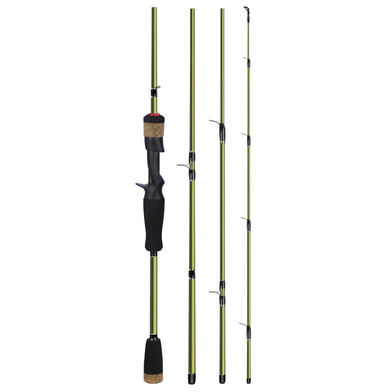 Four-section carbon fishing rod in dark green with straight or gun handle, available in 1.8m, 1.98m and 2.1m