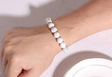 Natural Black Lava Rock and White Stone Stretch Bracelet with anti-fatigue benefits