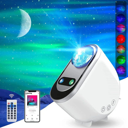 Celestial Galaxy Star Projector with Northern Lights, green stars, and moon projection for home decor