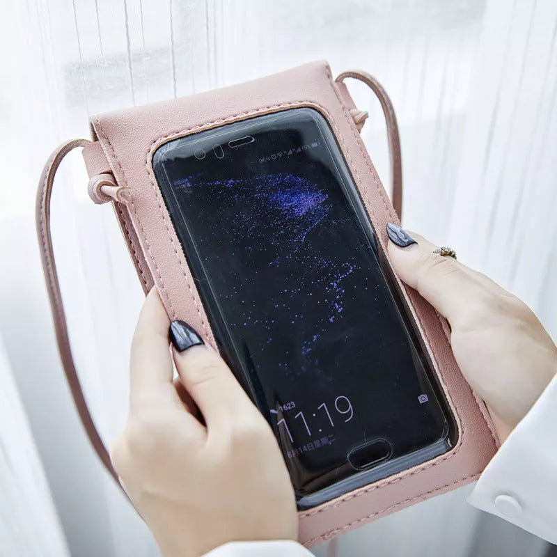 Cross body mobile phone bag with clear window and PU leather in multiple colors