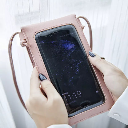 Cross body mobile phone bag with clear window and PU leather in multiple colors