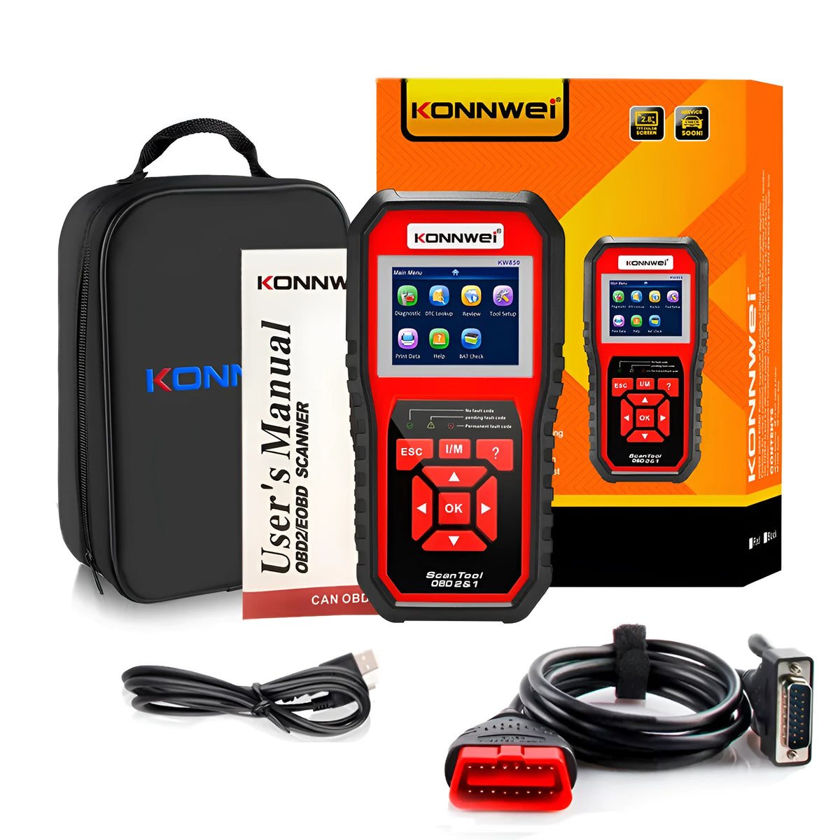 KW850 OBD2 CAN BUS code reader with TFT colour display and One-Click I/M Readiness key